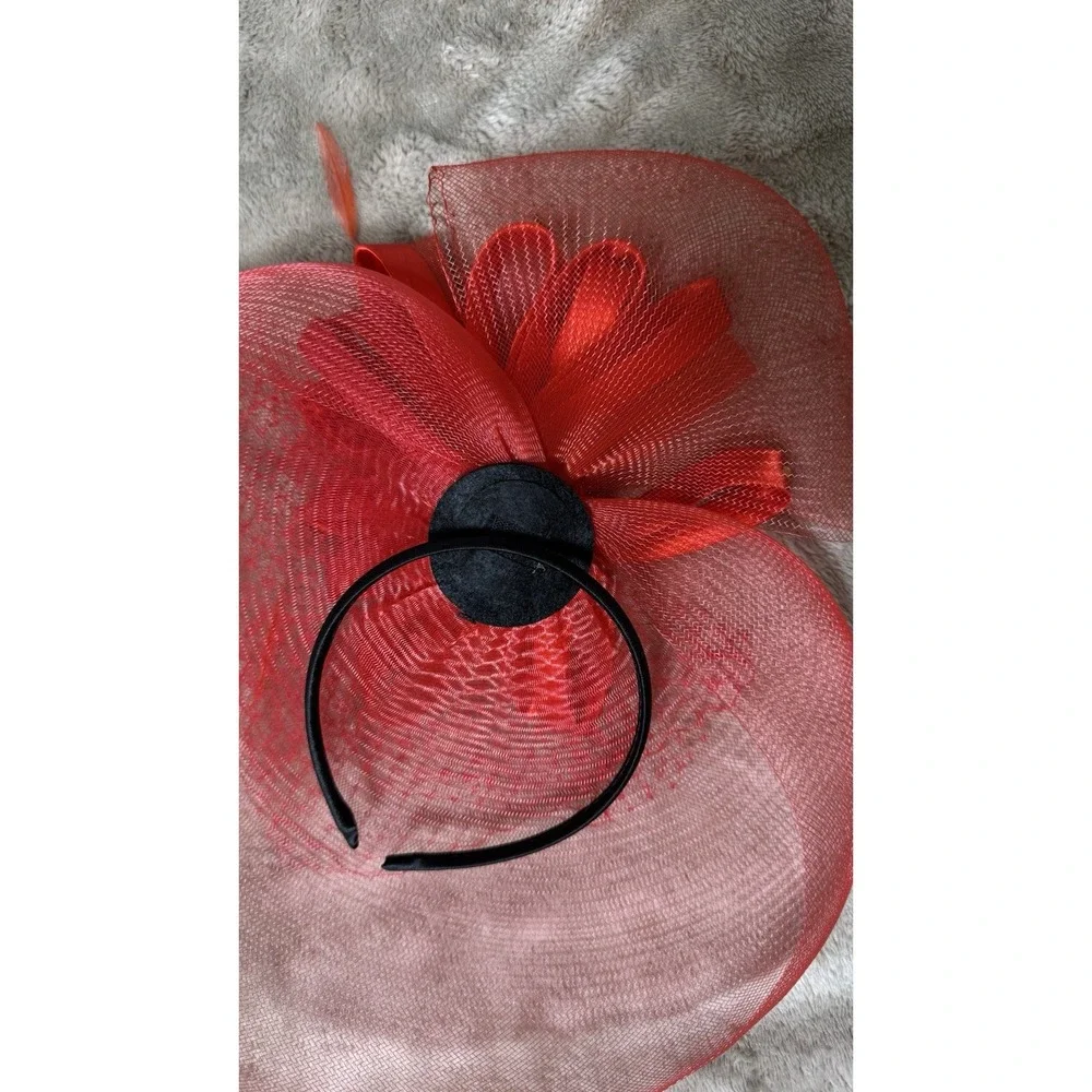 Red Fascinator Hat Headband Mesh Veil